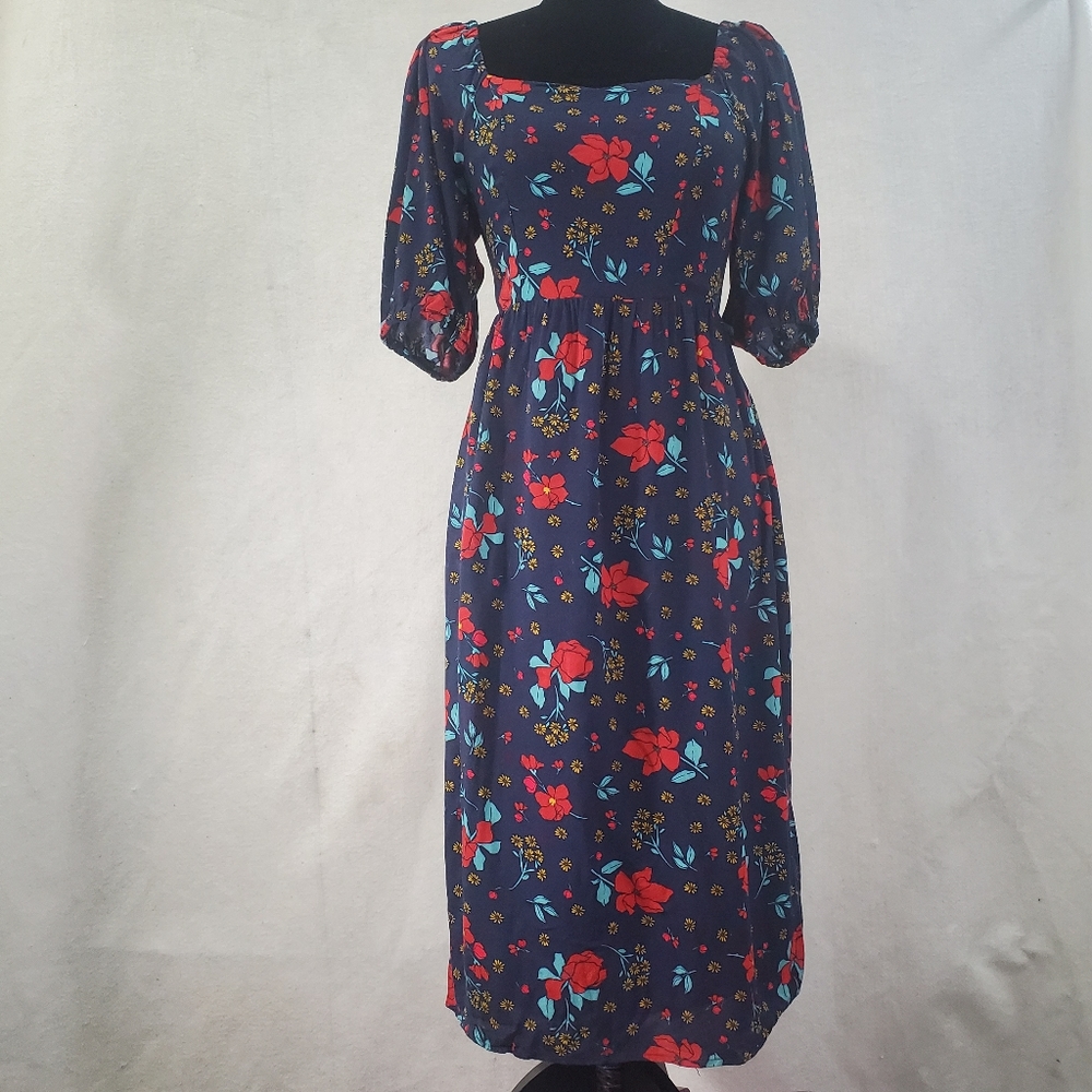 Floral maxi dress, fitted waist, puffy sleeves,  cottage core vibes